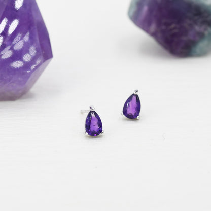 Extra Tiny Genuine Amethyst Droplet Stud Earrings in Sterling Silver, 4x6mm Amethyst Crystal Earrings, Natural Purple Amethyst Pear Earrings