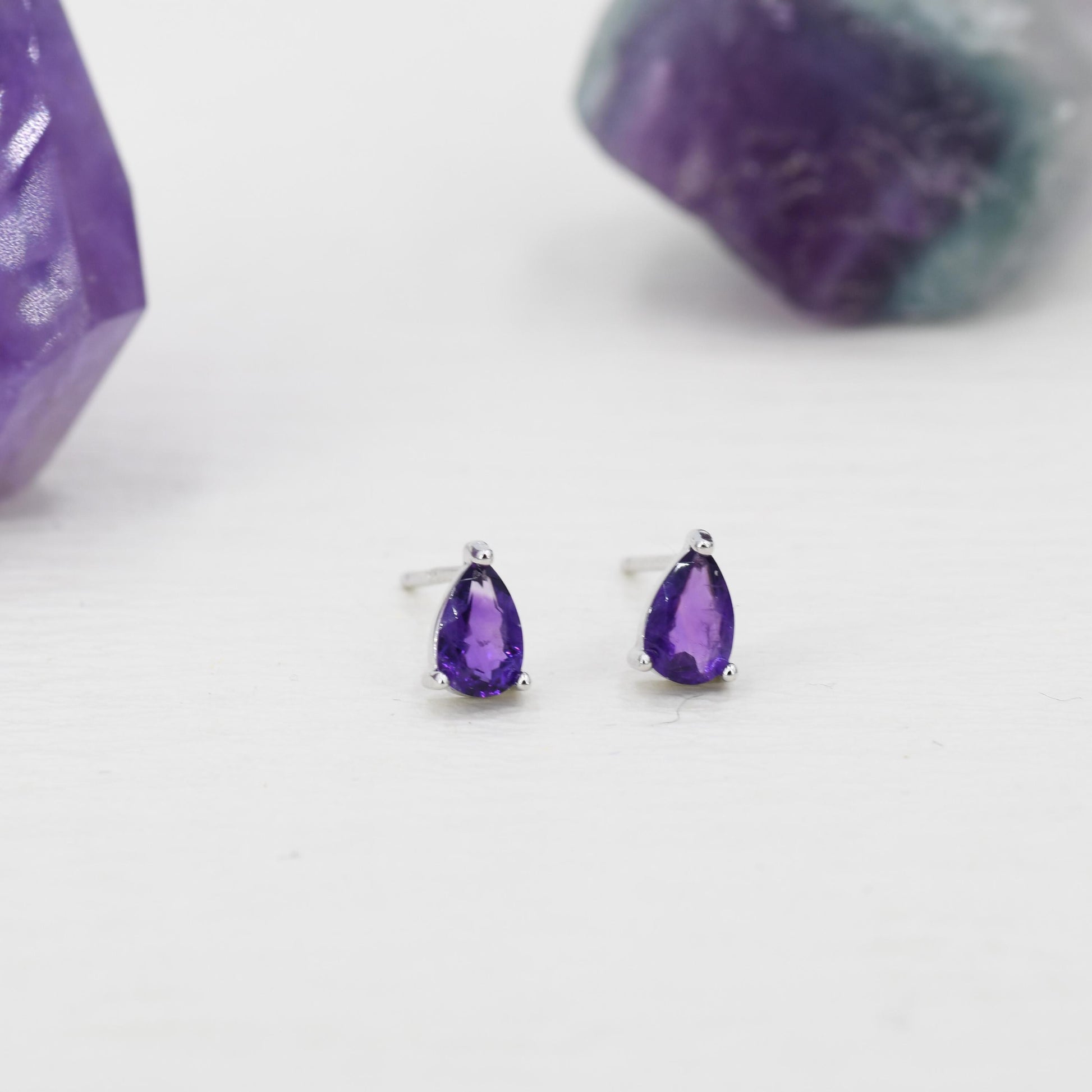 Extra Tiny Genuine Amethyst Droplet Stud Earrings in Sterling Silver, 4x6mm Amethyst Crystal Earrings, Natural Purple Amethyst Pear Earrings