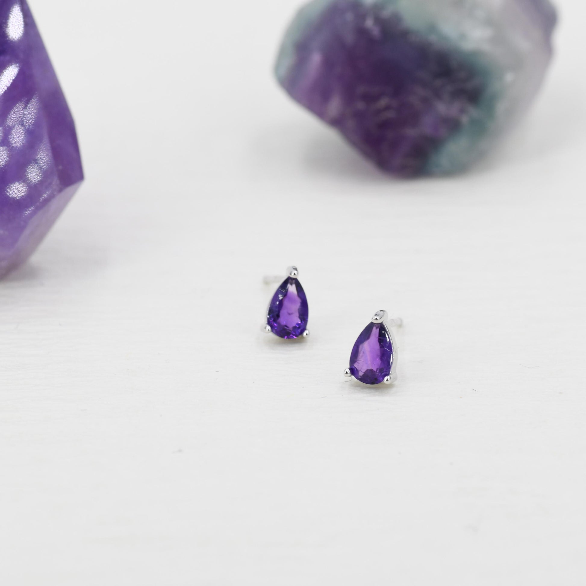 Extra Tiny Genuine Amethyst Droplet Stud Earrings in Sterling Silver, 4x6mm Amethyst Crystal Earrings, Natural Purple Amethyst Pear Earrings