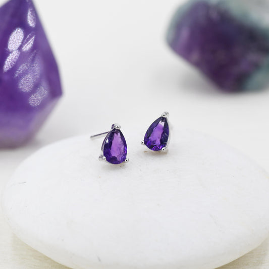 Extra Tiny Genuine Amethyst Droplet Stud Earrings in Sterling Silver, 4x6mm Amethyst Crystal Earrings, Natural Purple Amethyst Pear Earrings