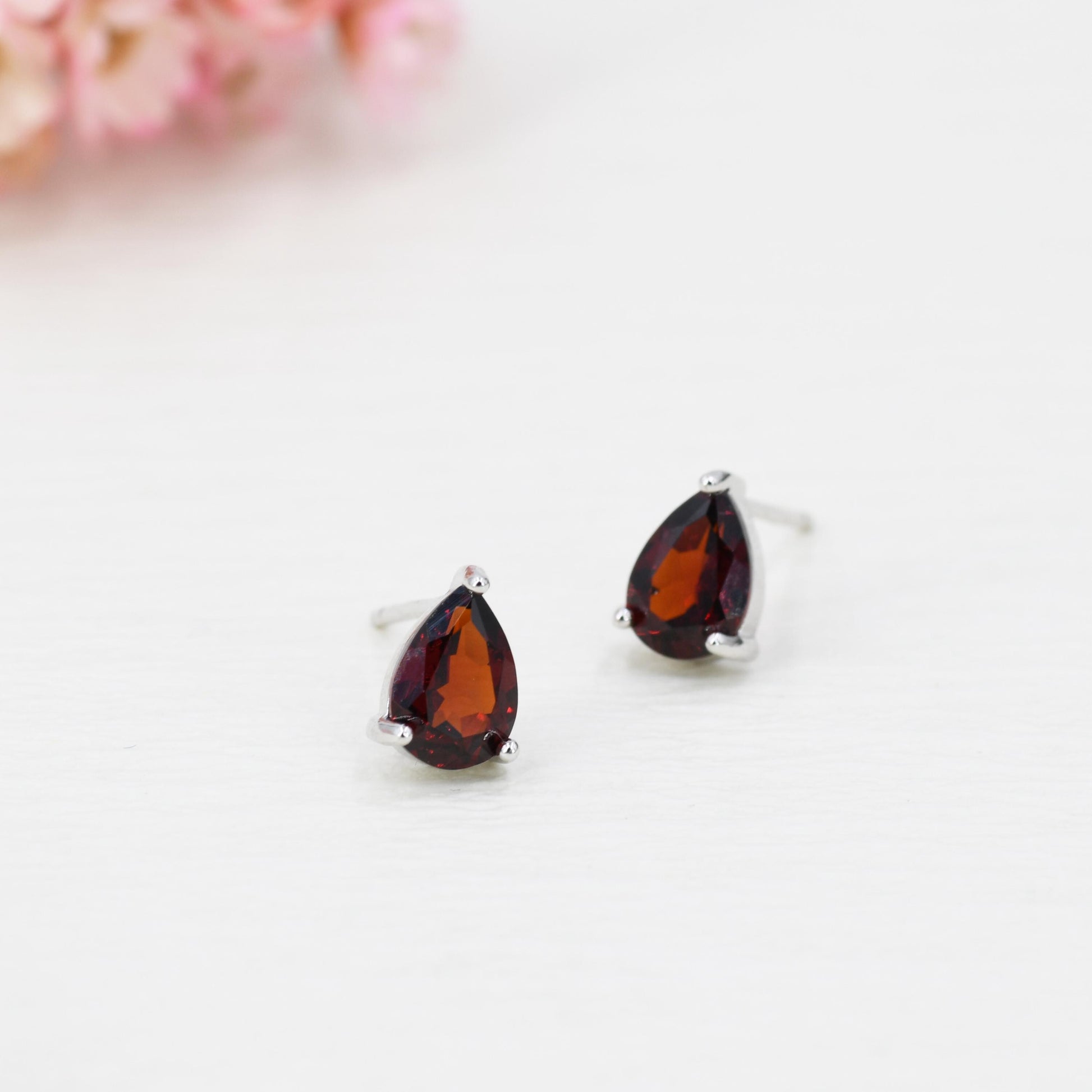 Genuine Garnet Droplet Stud Earrings in Sterling Silver, 5x7mm Garnet Crystal Earrings, Natural Red Garnet Pear Earrings