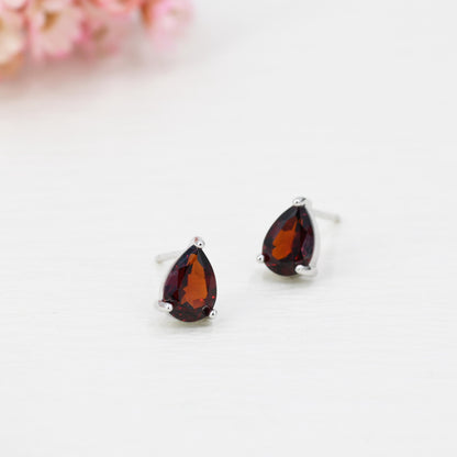 Genuine Garnet Droplet Stud Earrings in Sterling Silver, 5x7mm Garnet Crystal Earrings, Natural Red Garnet Pear Earrings