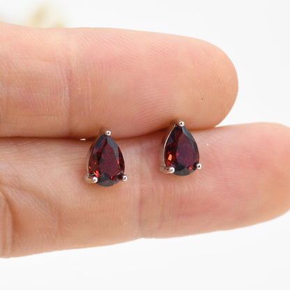 Genuine Garnet Droplet Stud Earrings in Sterling Silver, 5x7mm Garnet Crystal Earrings, Natural Red Garnet Pear Earrings
