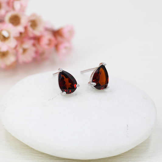 Genuine Garnet Droplet Stud Earrings in Sterling Silver, 5x7mm Garnet Crystal Earrings, Natural Red Garnet Pear Earrings