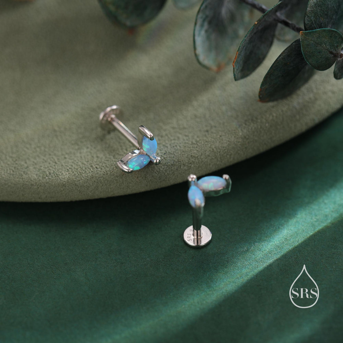 Sterling Silver Blue Opal Marquise Leaf Internally Threaded Flat Back/Screw Back/ Stud Earrings, Marquise Fan Stud, Opal Crown Stud