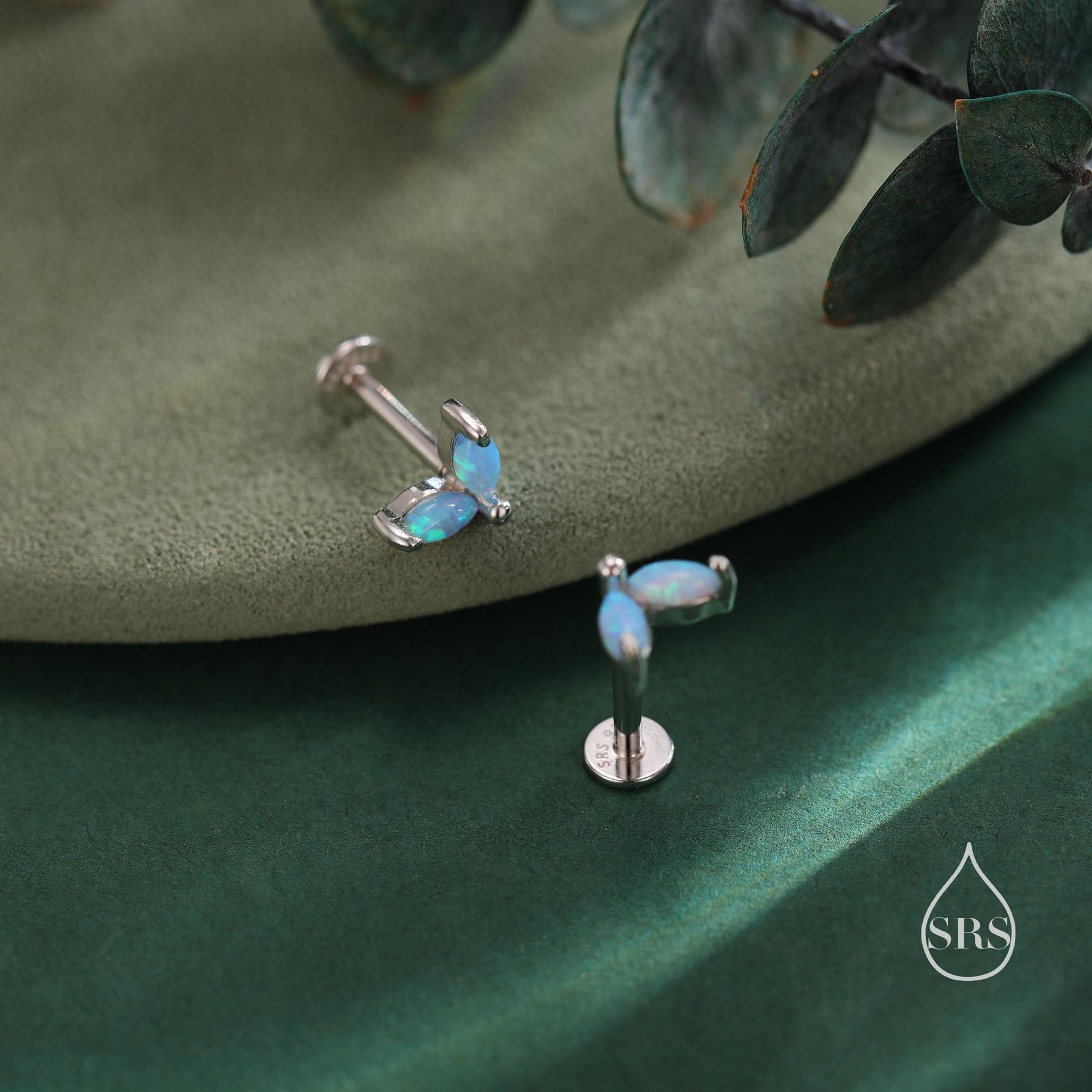 Sterling Silver Blue Opal Marquise Leaf Internally Threaded Flat Back/Screw Back/ Stud Earrings, Marquise Fan Stud, Opal Crown Stud