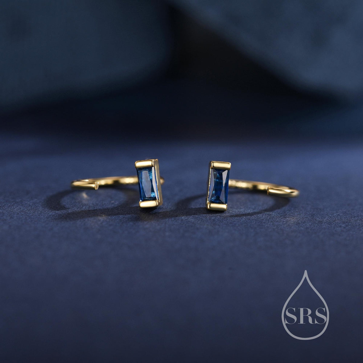 Sapphire Blue Baguette Cut CZ Huggie Hoop Earrings in Sterling Silver, Silver or Gold, Open Hoops, Pull-Through Threader Earrings