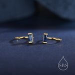Sapphire Blue Baguette Cut CZ Huggie Hoop Earrings in Sterling Silver, Silver or Gold, Open Hoops, Pull-Through Threader Earrings