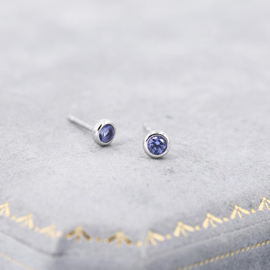 Sterling Silver Tanzanite Blue CZ Stud Earrings, 4mm December Birthstone CZ Earrings, Silver, Gold or Rose Gold, Stacking Earrings
