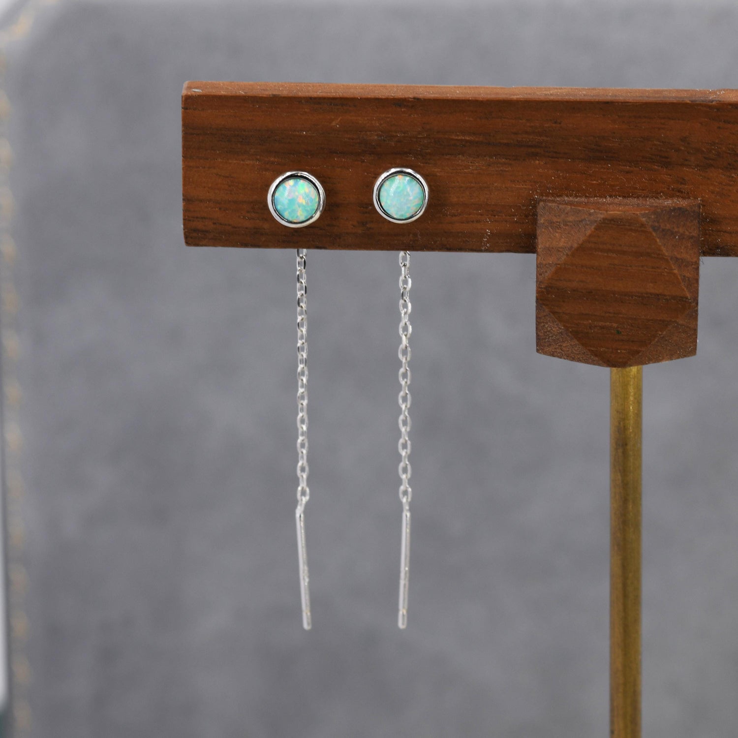4mm Aqua Green Opal Dot Threader Earrings in Sterling Silver, Lab Opal Ear Threaders, Silver or Gold, Opal Threaders, Chain Earrings