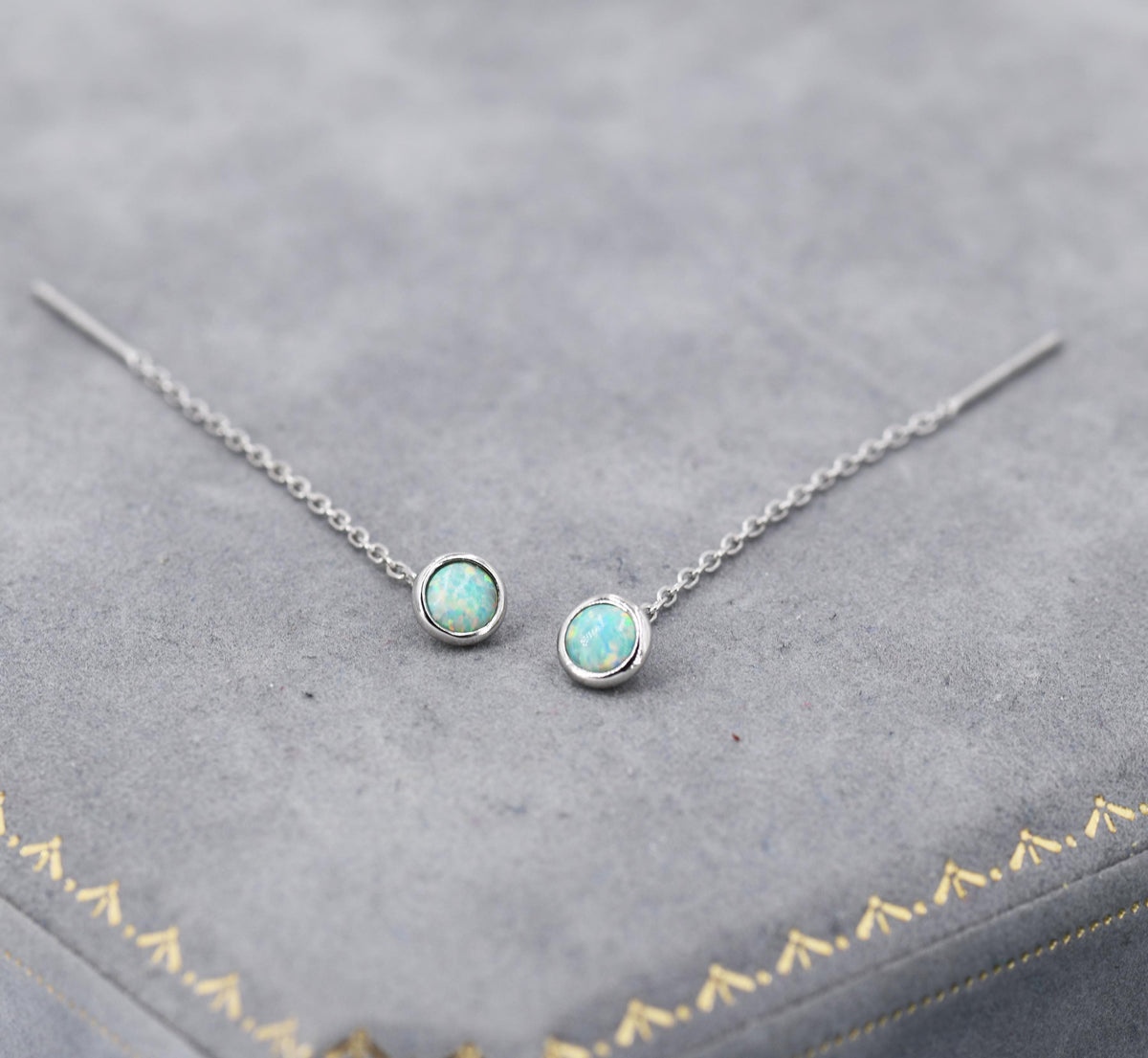 4mm Aqua Green Opal Dot Threader Earrings in Sterling Silver, Lab Opal Ear Threaders, Silver or Gold, Opal Threaders, Chain Earrings