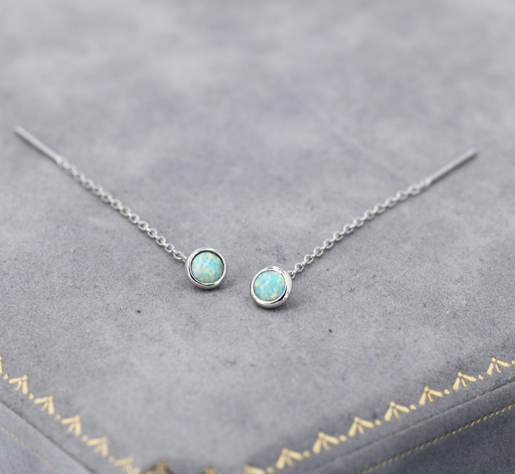 4mm Aqua Green Opal Dot Threader Earrings in Sterling Silver, Lab Opal Ear Threaders, Silver or Gold, Opal Threaders, Chain Earrings