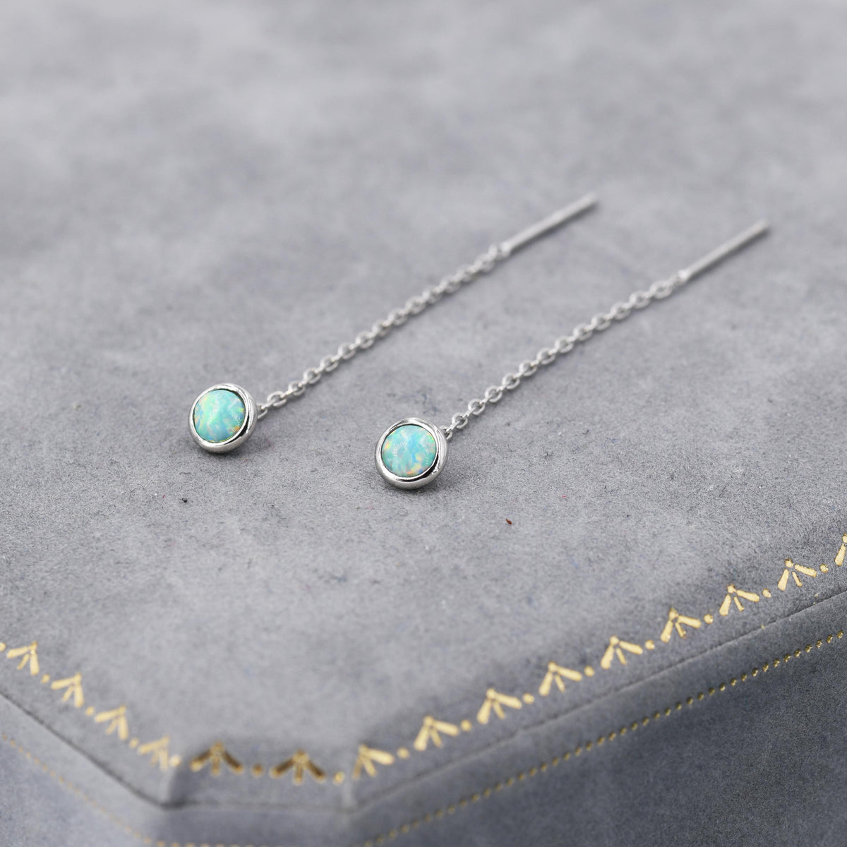 4mm Aqua Green Opal Dot Threader Earrings in Sterling Silver, Lab Opal Ear Threaders, Silver or Gold, Opal Threaders, Chain Earrings