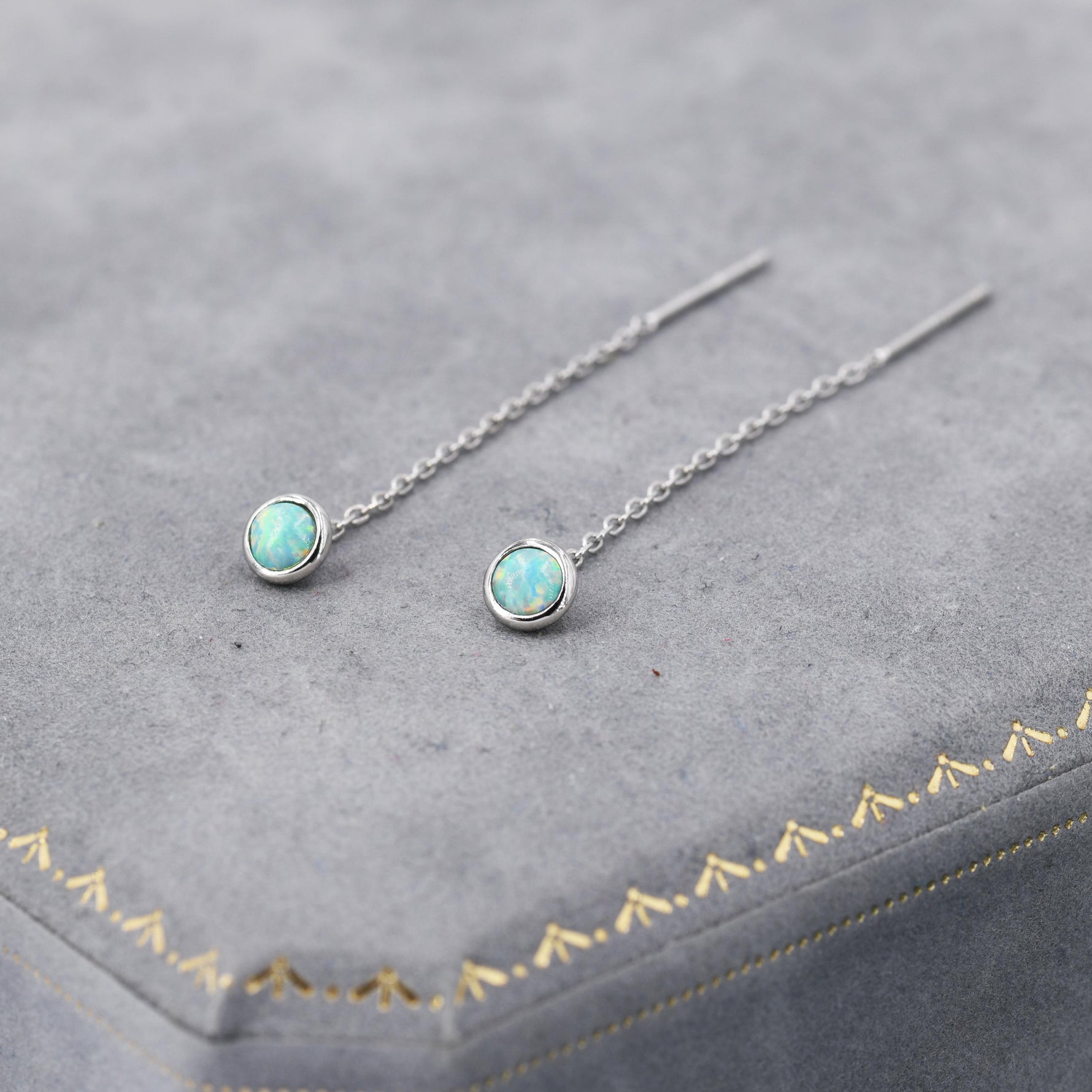 4mm Aqua Green Opal Dot Threader Earrings in Sterling Silver, Lab Opal Ear Threaders, Silver or Gold, Opal Threaders, Chain Earrings