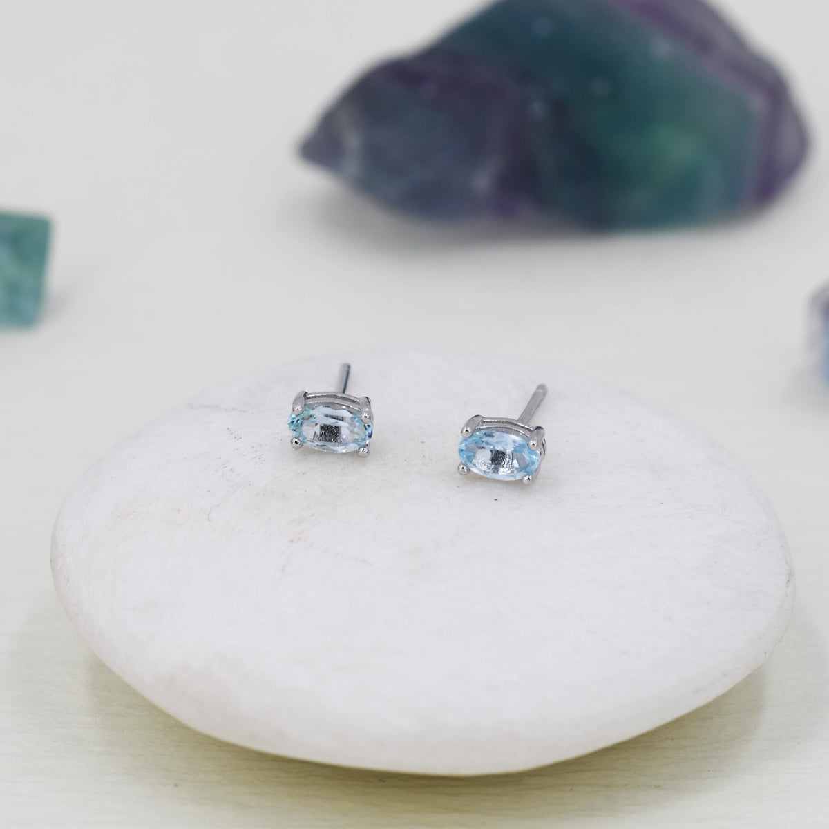 Tiny Genuine Topaz Crystal Stud Earrings in Sterling Silver, 3x5mm Natural Topaz Oval Crystal Earrings, March Birthstone