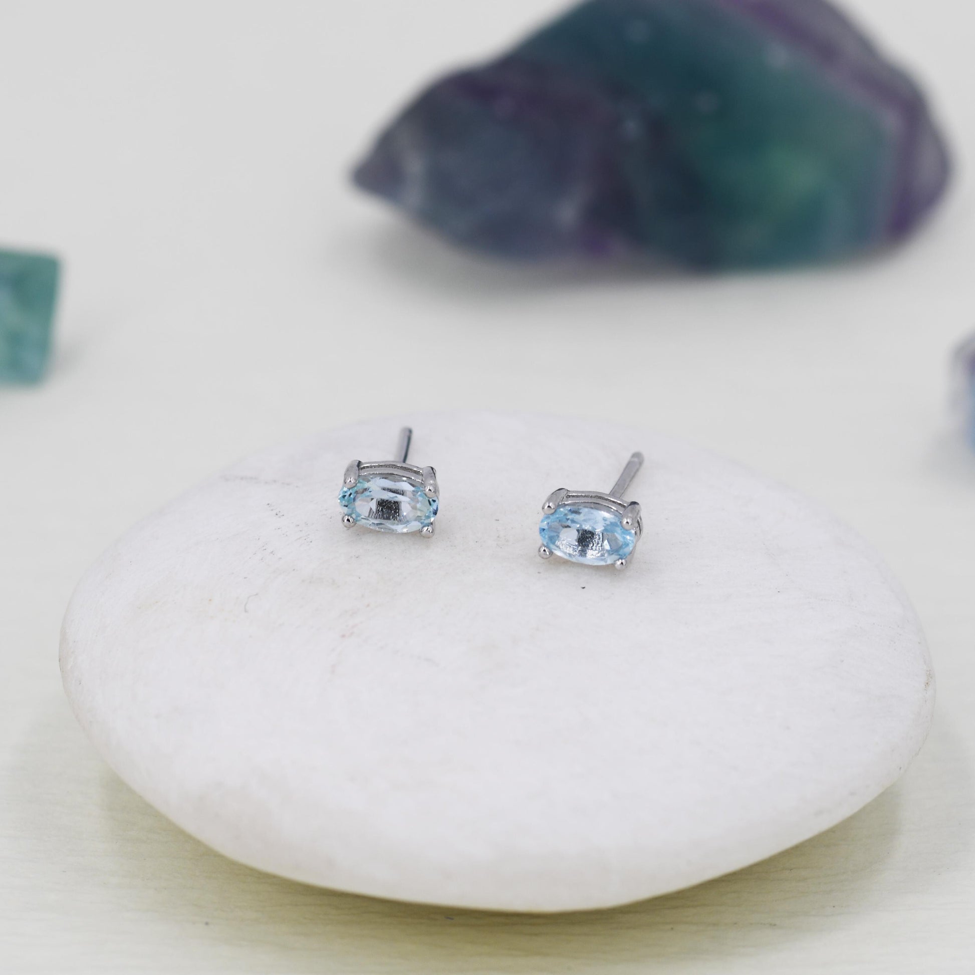 Tiny Genuine Topaz Crystal Stud Earrings in Sterling Silver, 3x5mm Natural Topaz Oval Crystal Earrings, March Birthstone