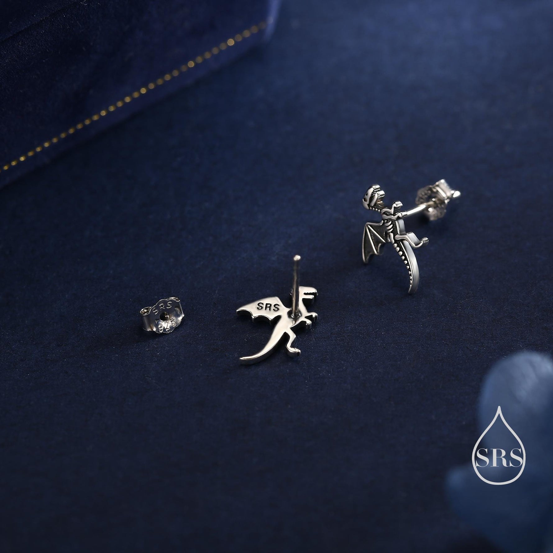 Oxidised Sterling Silver Dragon Fossil Stud Earrings, Oxidised Silver Finish Dino Stud, Quirky Dinosaur Stud, Dinosaur Earrings,