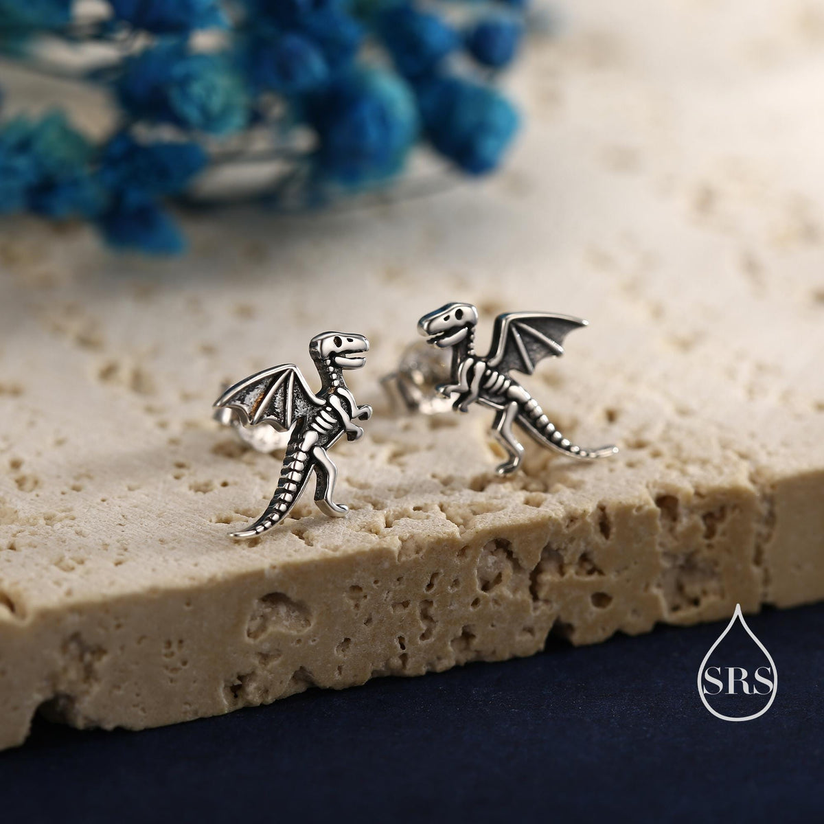 Oxidised Sterling Silver Dragon Fossil Stud Earrings, Oxidised Silver Finish Dino Stud, Quirky Dinosaur Stud, Dinosaur Earrings,