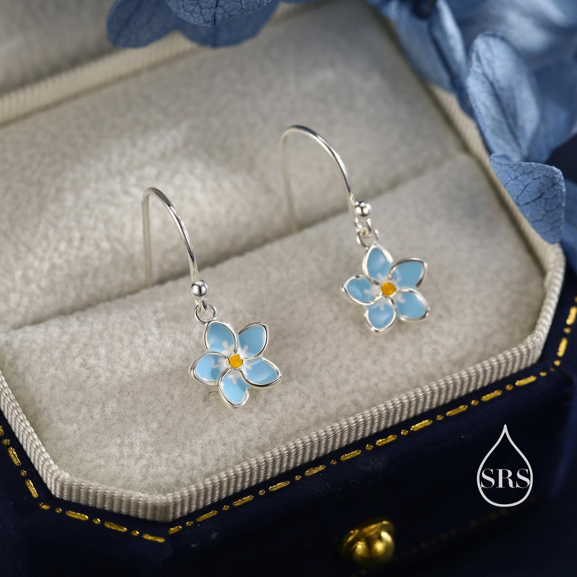 Sterling Silver Dainty Enamel Forget-me-not Flower Drop Hook Earrings, Dainty Dangle Forget Me Not Flower Earrings