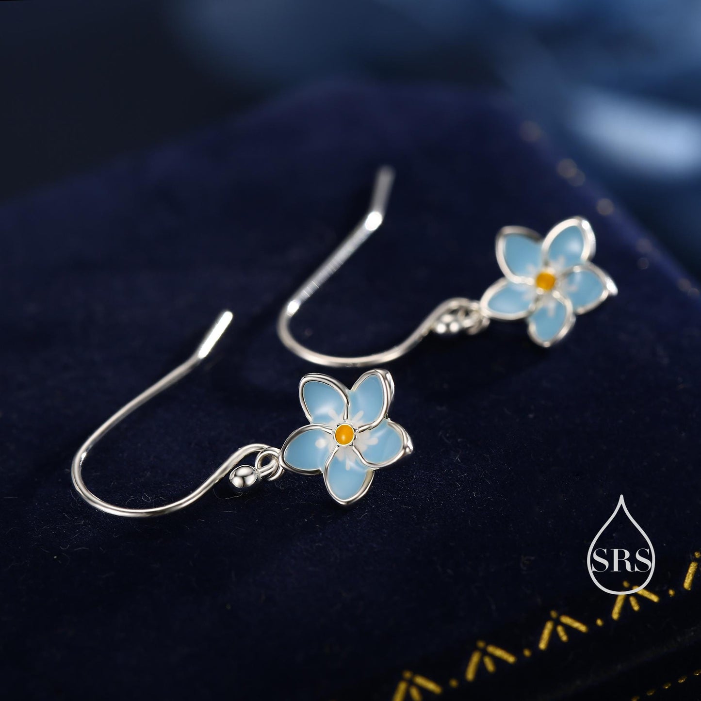 Sterling Silver Dainty Enamel Forget-me-not Flower Drop Hook Earrings, Dainty Dangle Forget Me Not Flower Earrings
