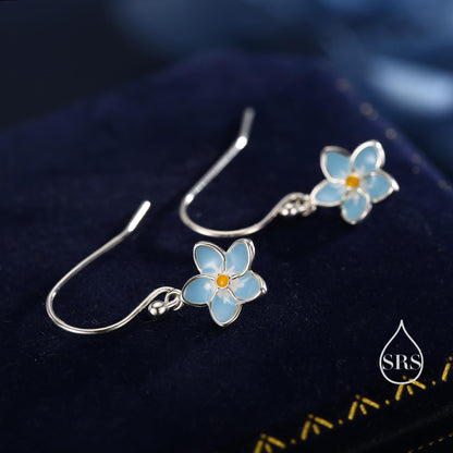 Sterling Silver Dainty Enamel Forget-me-not Flower Drop Hook Earrings, Dainty Dangle Forget Me Not Flower Earrings
