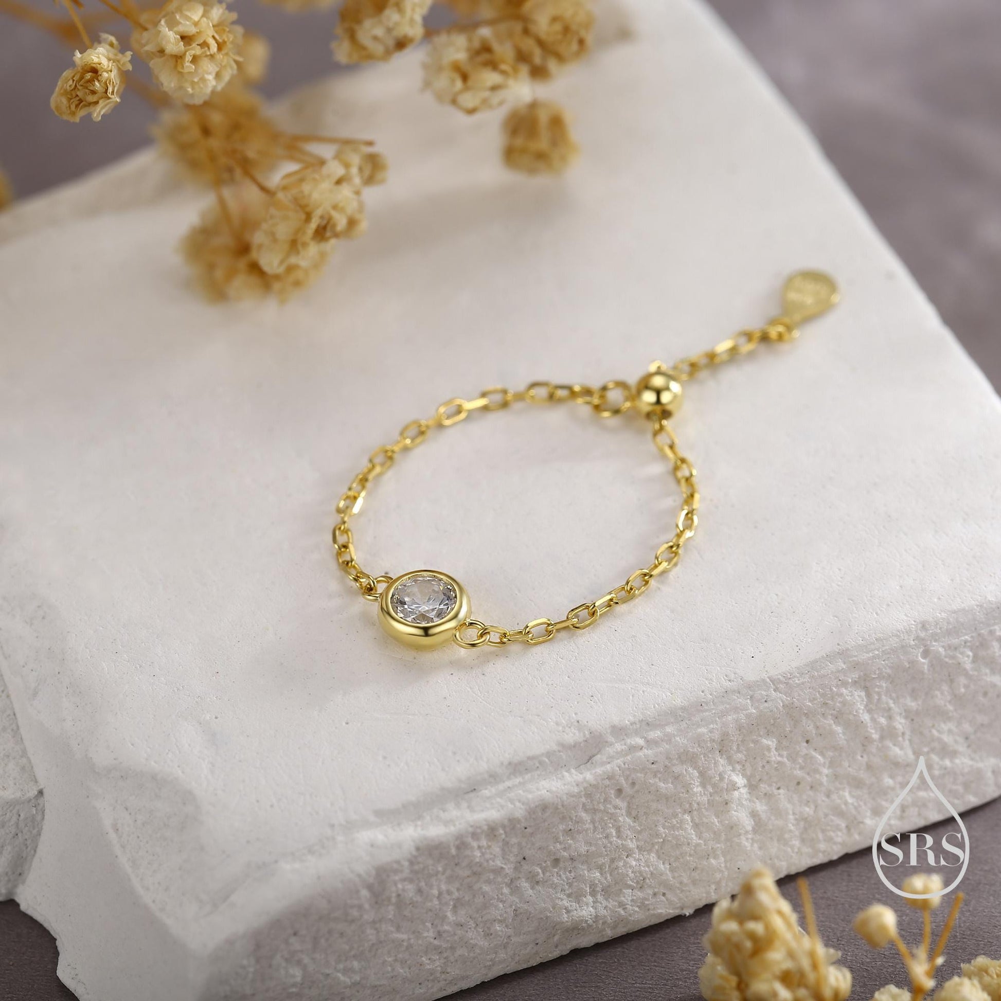 Delicate Sterling Silver Sparkly CZ Soft Ring, Adjustable Size CZ Crystal Chain Ring, Silver or Gold, Soft chain Ring in Sterling Silver