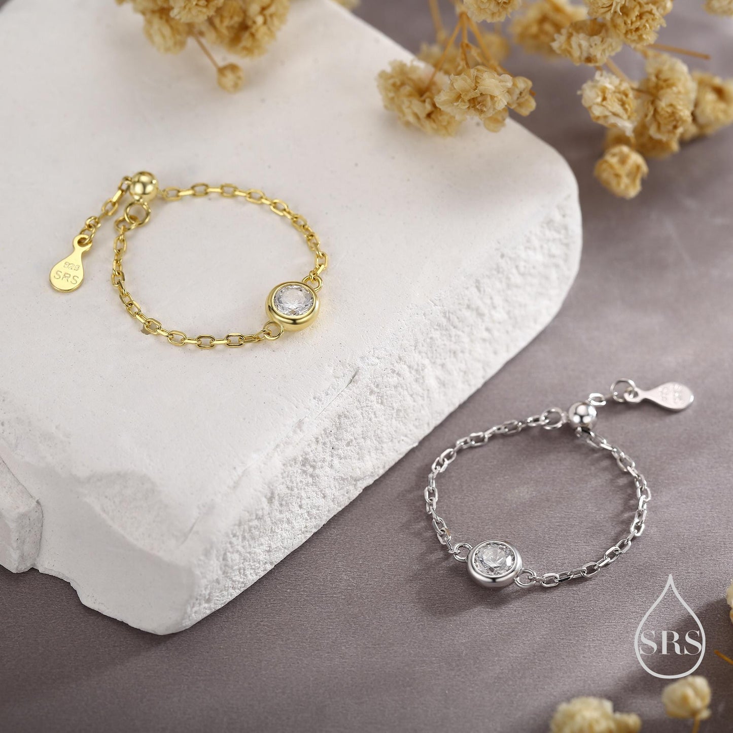 Delicate Sterling Silver Sparkly CZ Soft Ring, Adjustable Size CZ Crystal Chain Ring, Silver or Gold, Soft chain Ring in Sterling Silver