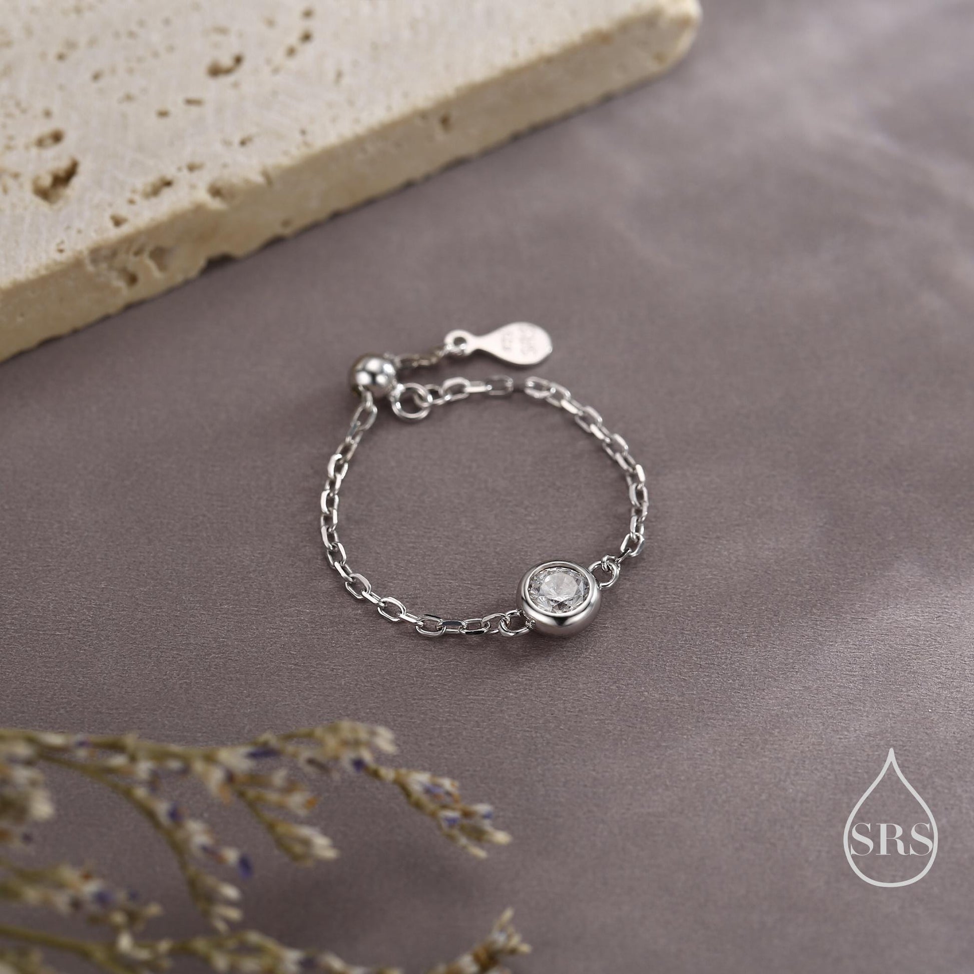 Delicate Sterling Silver Sparkly CZ Soft Ring, Adjustable Size CZ Crystal Chain Ring, Silver or Gold, Soft chain Ring in Sterling Silver