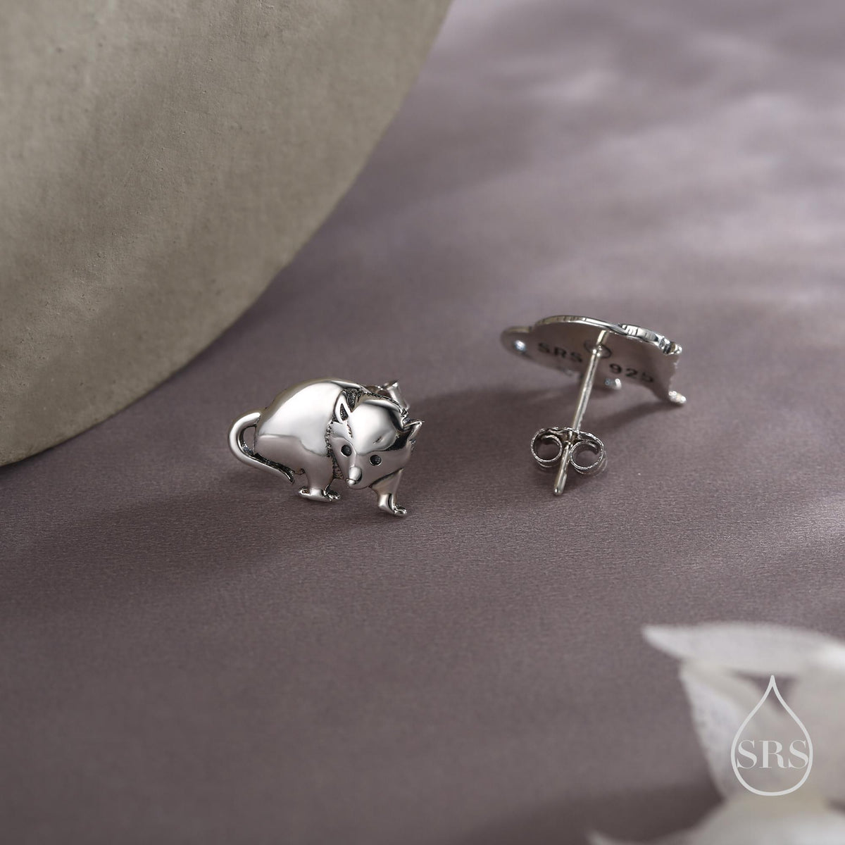 Opposum Stud Earrings in Sterling Silver, Silver or Gold or Rose Gold, Cute Opposum Mouse Earrings, Silver Rodent Earrings