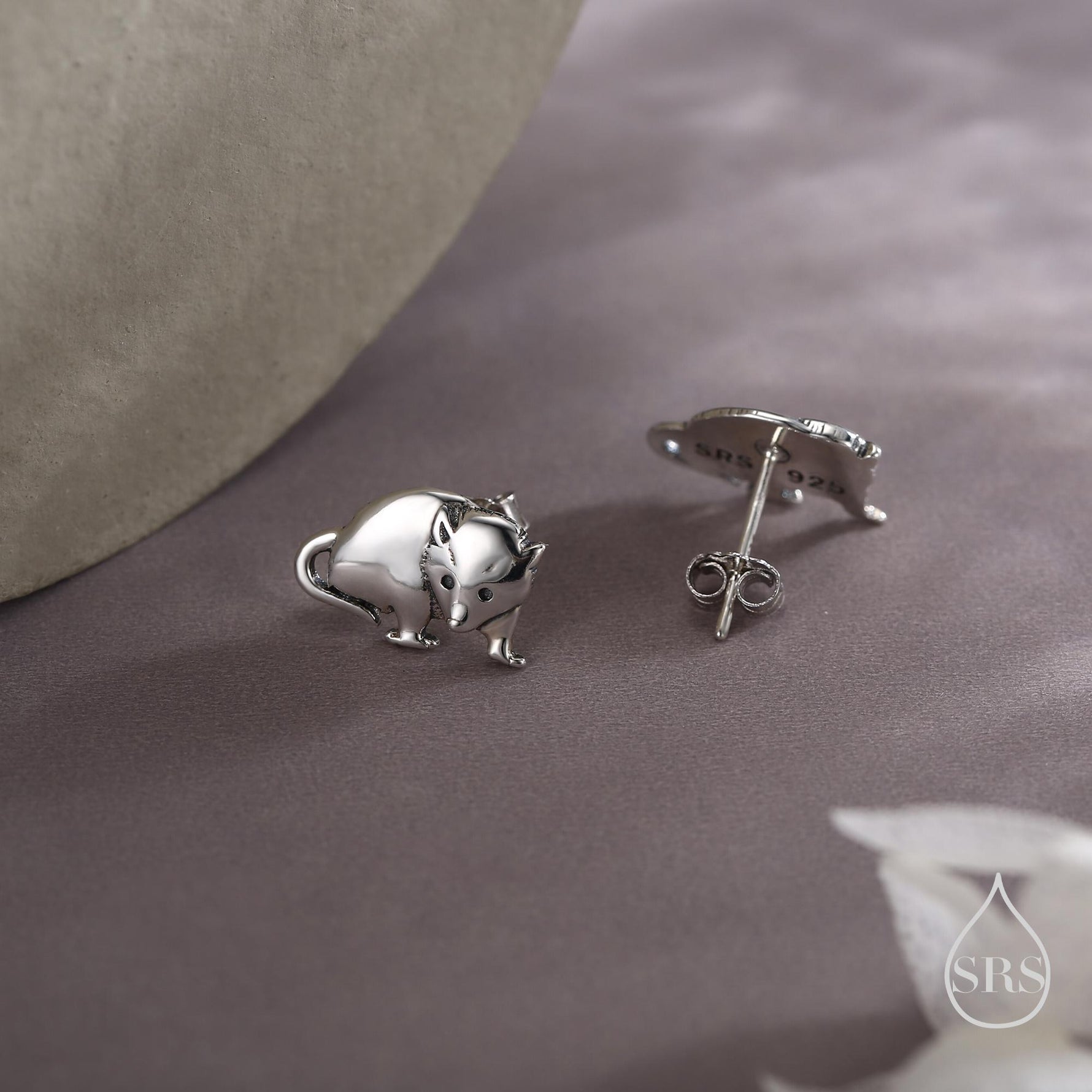 Opposum Stud Earrings in Sterling Silver, Silver or Gold or Rose Gold, Cute Opposum Mouse Earrings, Silver Rodent Earrings