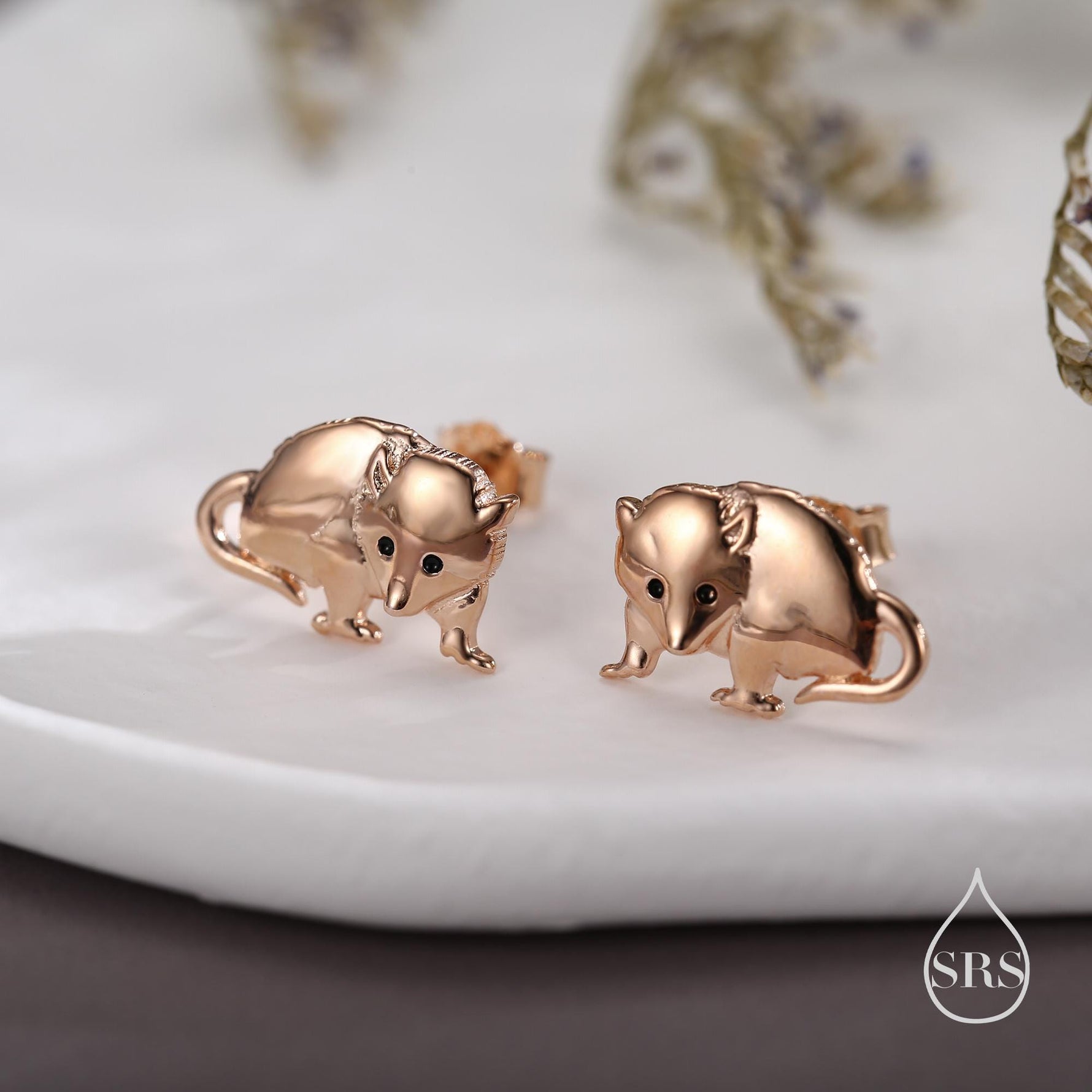 Opposum Stud Earrings in Sterling Silver, Silver or Gold or Rose Gold, Cute Opposum Mouse Earrings, Silver Rodent Earrings