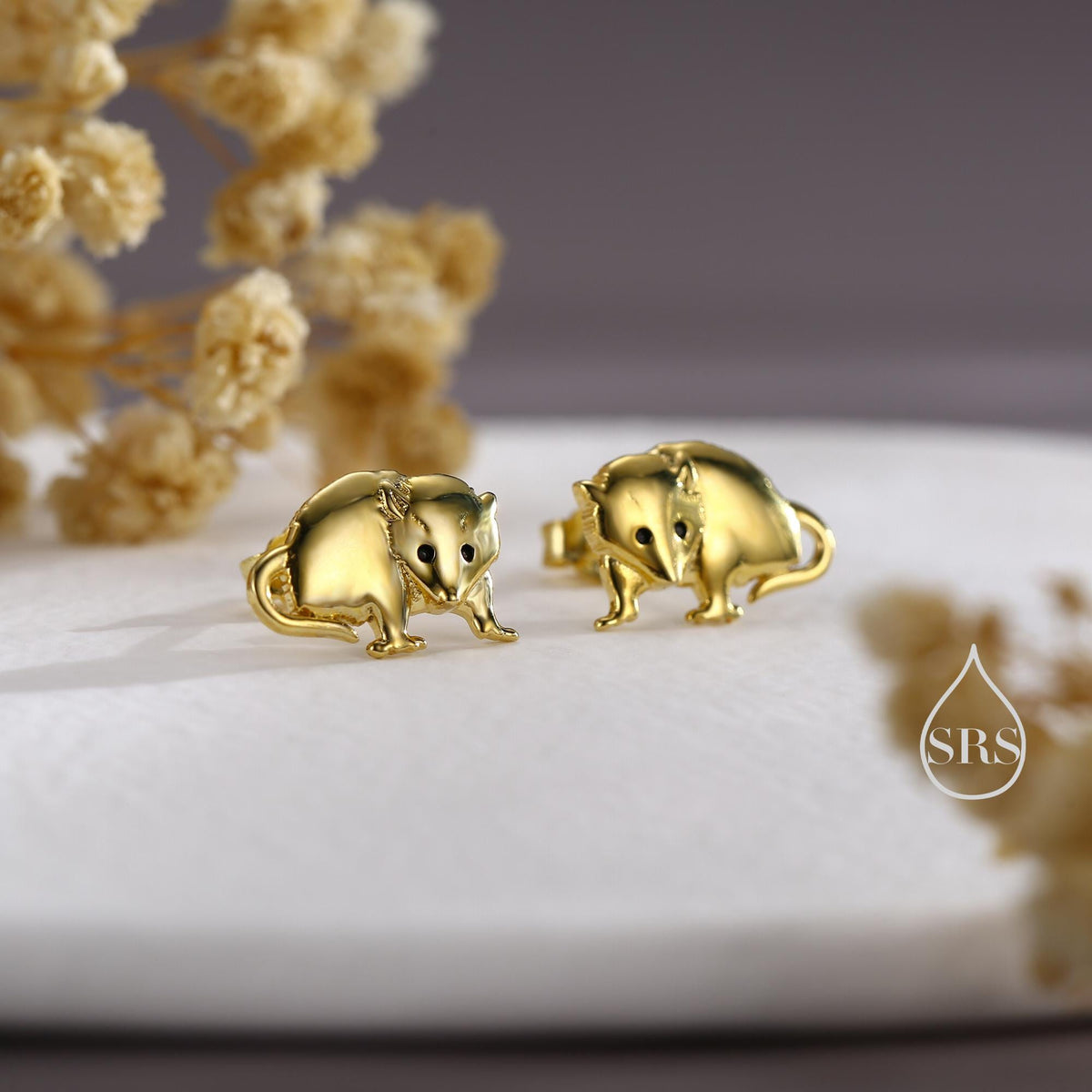 Opposum Stud Earrings in Sterling Silver, Silver or Gold or Rose Gold, Cute Opposum Mouse Earrings, Silver Rodent Earrings