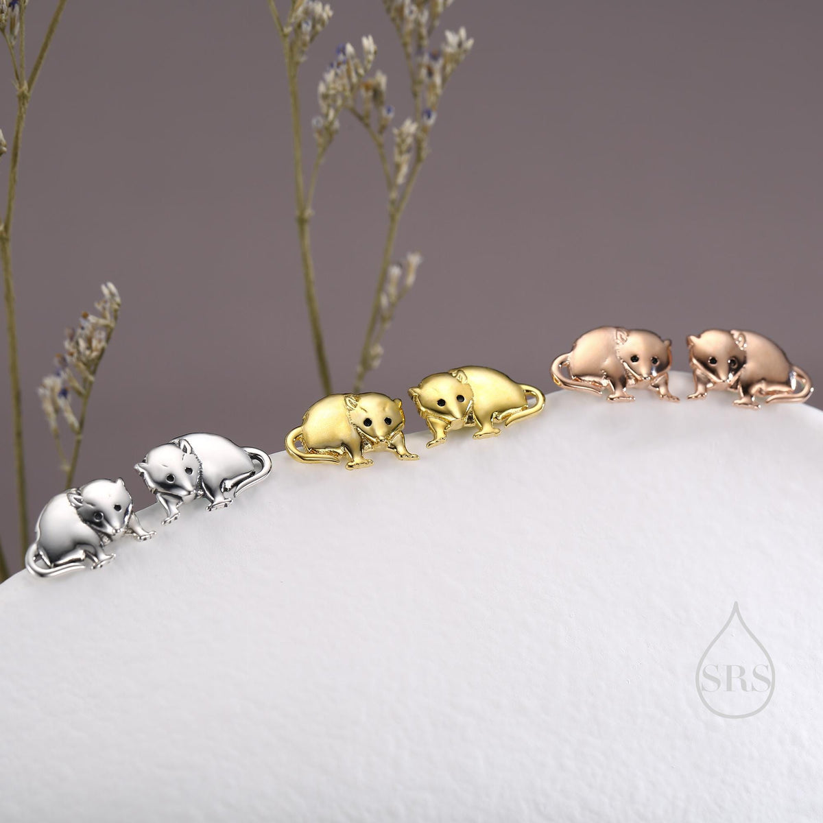 Opposum Stud Earrings in Sterling Silver, Silver or Gold or Rose Gold, Cute Opposum Mouse Earrings, Silver Rodent Earrings