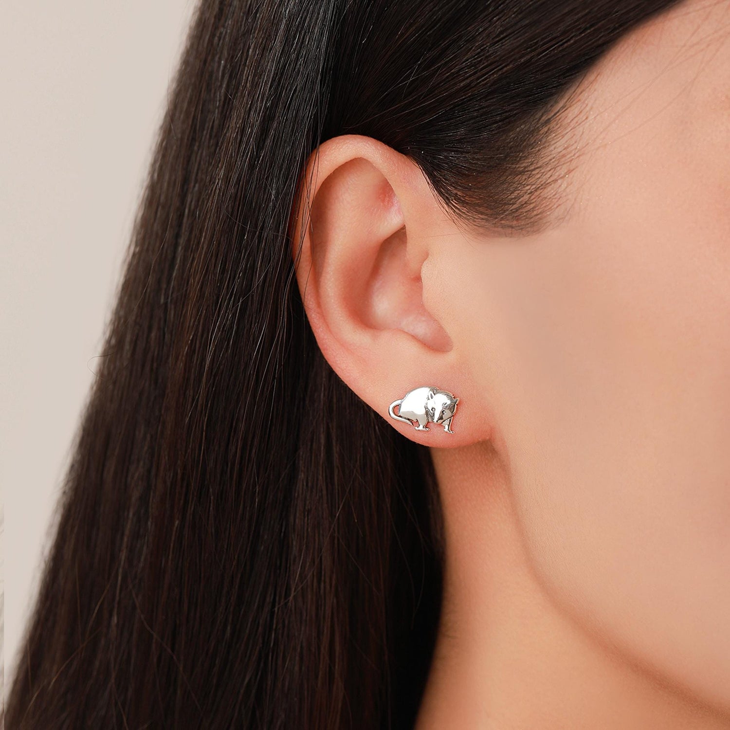 Opposum Stud Earrings in Sterling Silver, Silver or Gold or Rose Gold, Cute Opposum Mouse Earrings, Silver Rodent Earrings
