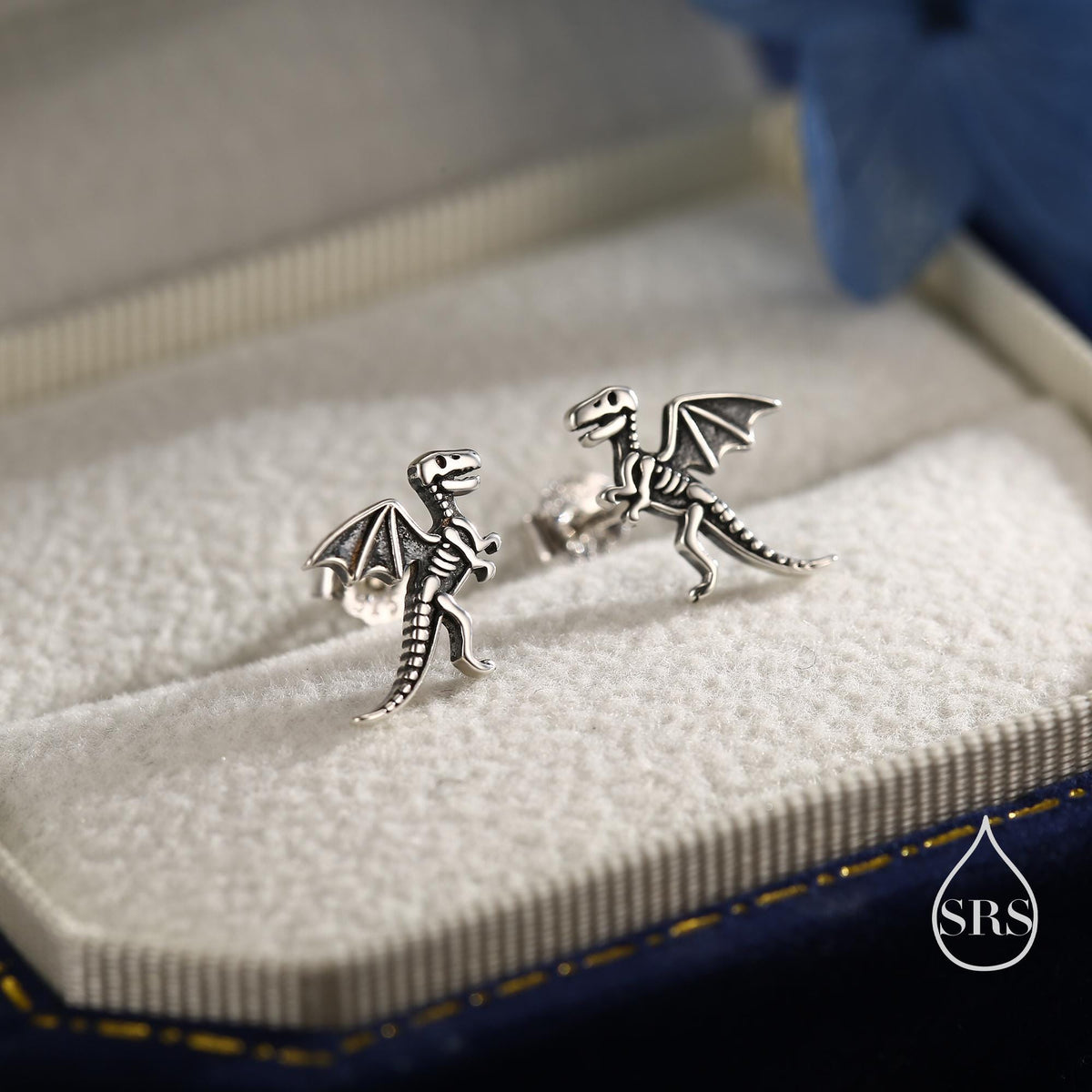 Oxidised Sterling Silver Dragon Fossil Stud Earrings, Oxidised Silver Finish Dino Stud, Quirky Dinosaur Stud, Dinosaur Earrings,