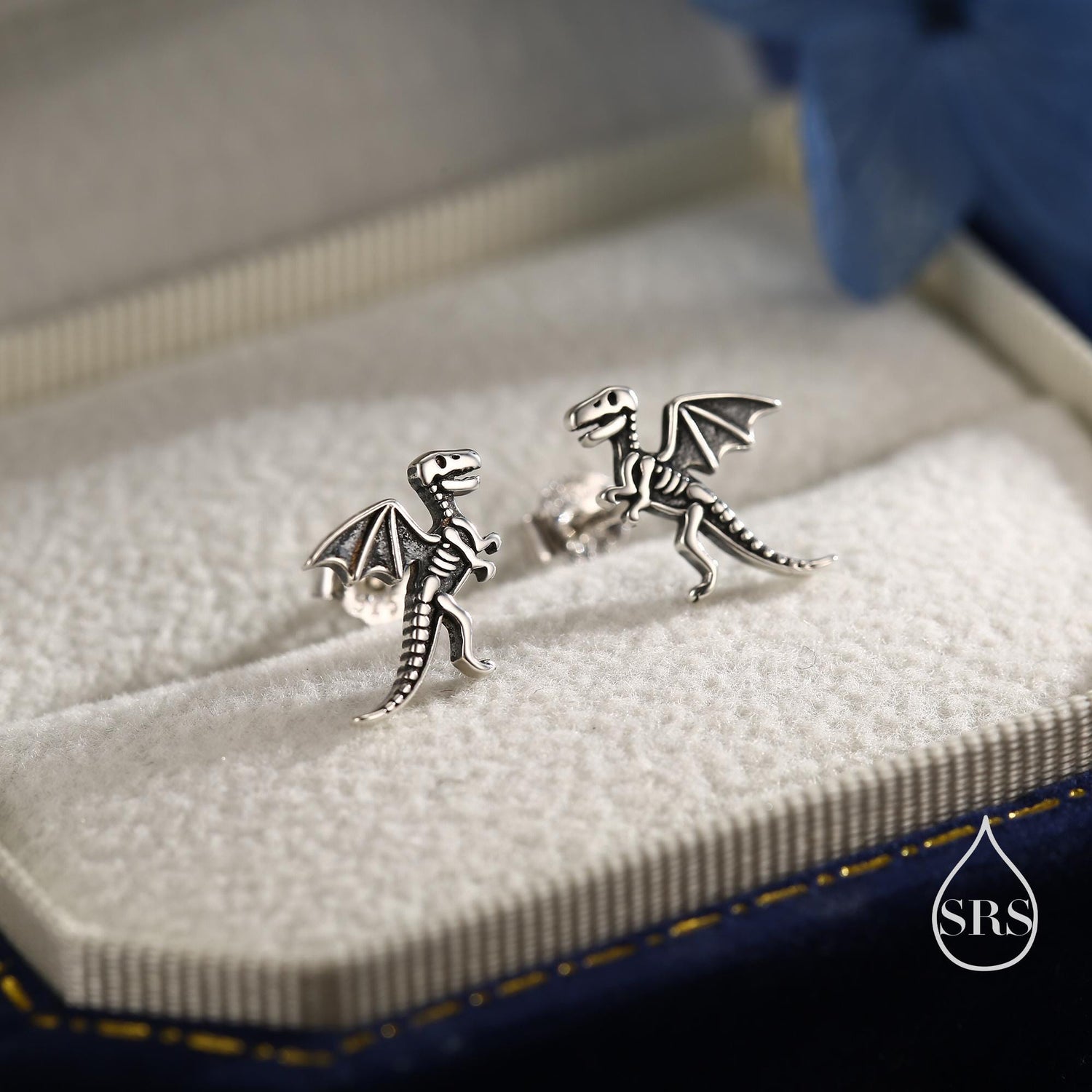 Oxidised Sterling Silver Dragon Fossil Stud Earrings, Oxidised Silver Finish Dino Stud, Quirky Dinosaur Stud, Dinosaur Earrings,