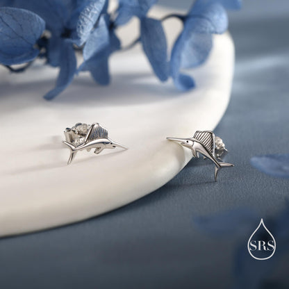 Tiny Sword Fish Stud Earrings in Sterling Silver, Silver or Gold or Rose Gold, Sword Fish Earrings, Ocean Creature Stud Earrings