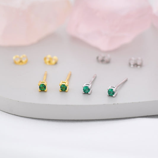 Extra Tiny Sterling Silver Emerald Green CZ Stud Earrings, 2mm May Birthstone CZ Earrings, Silver or Gold, Stacking Earrings