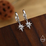 Starburst Huggie Hoop Earrings in Sterling Silver, Gold or Rose Gold, North Star Charm Earrings, Sunburst Earrings, Celestial Jewellery