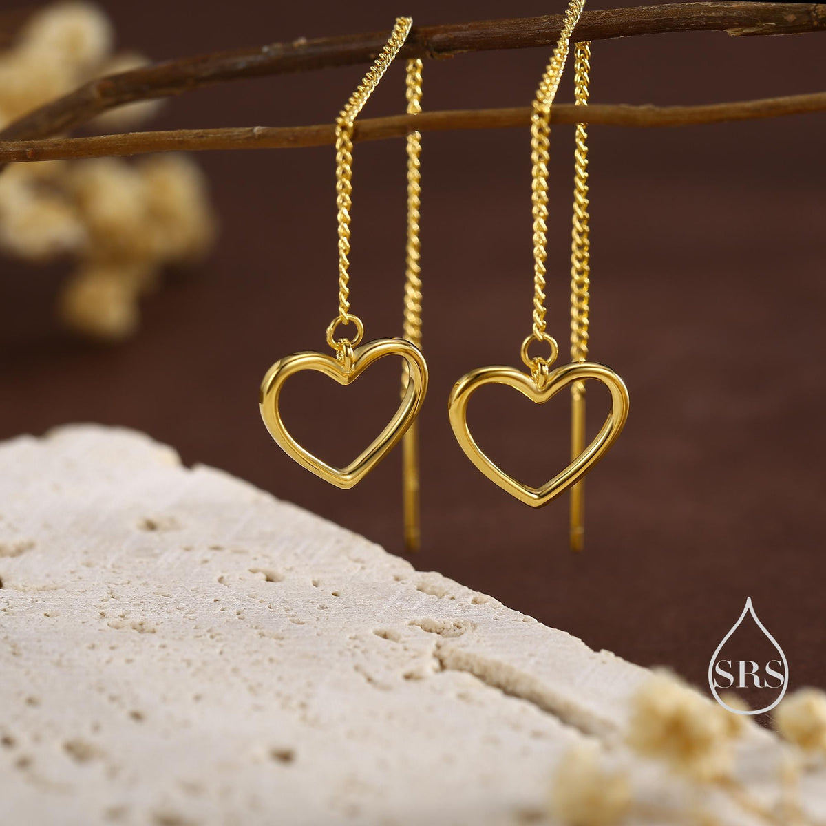 Open Heart Threader Earrings in Sterling Silver, Cutout Heart Ear Threaders, Silver, Gold or Rose Gold, Short Ear Threaders