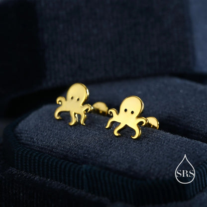 Tiny Octopus Stud Earrings/Flat Back Earrings in Sterling Silver, Silver, Gold or Rose Gold, Animal Earrings - Ocean Fish Earrings