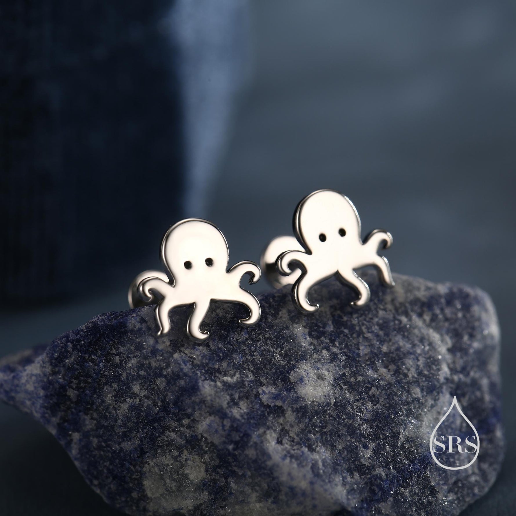 Tiny Octopus 16G Internally Threaded Flat Back Earrings in Sterling Silver, Animal Earrings