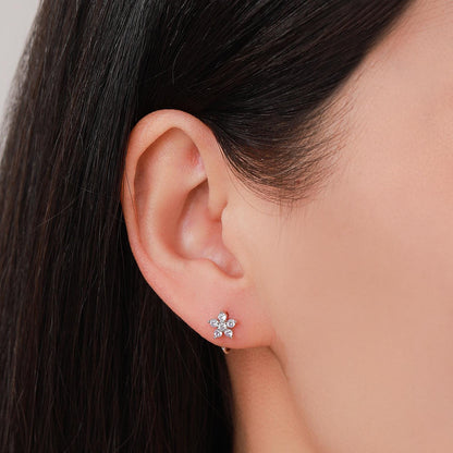 CZ Flower Huggie Hoop Earrings in Sterling Silver, Gold or Silver, CZ Flower Threader Hoop Earrings, Pull Through, C Shape