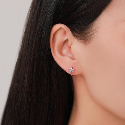 CZ Flower Huggie Hoop Earrings in Sterling Silver, Gold or Silver, CZ Flower Threader Hoop Earrings, Pull Through, C Shape