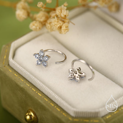 CZ Flower Huggie Hoop Earrings in Sterling Silver, Gold or Silver, CZ Flower Threader Hoop Earrings, Pull Through, C Shape