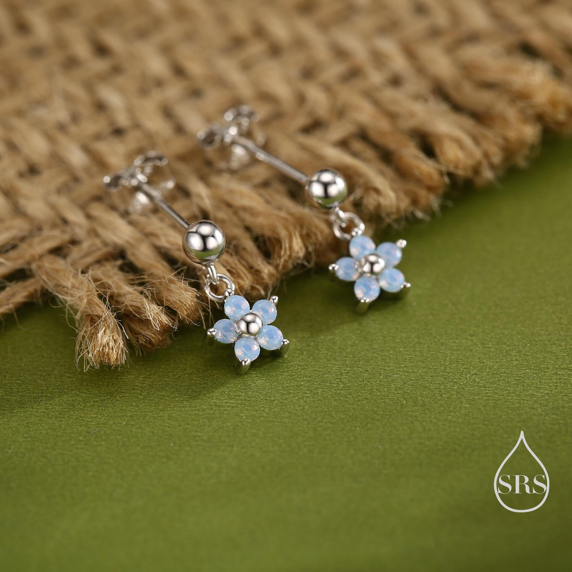 Sterling Silver Dainty CZ Flower Drop Stud Earrings, Opal Blue Dainty Dangle Daisy Flower Earrings, Silver Forget Me Not Tiny Earrings