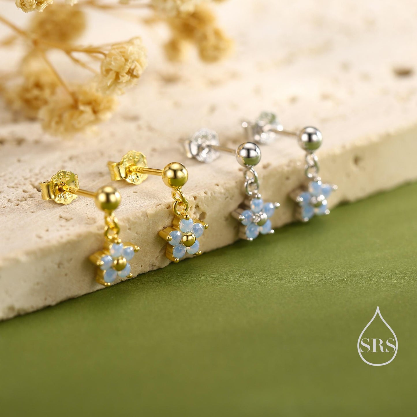 Sterling Silver Dainty CZ Flower Drop Stud Earrings, Opal Blue Dainty Dangle Daisy Flower Earrings, Silver Forget Me Not Tiny Earrings