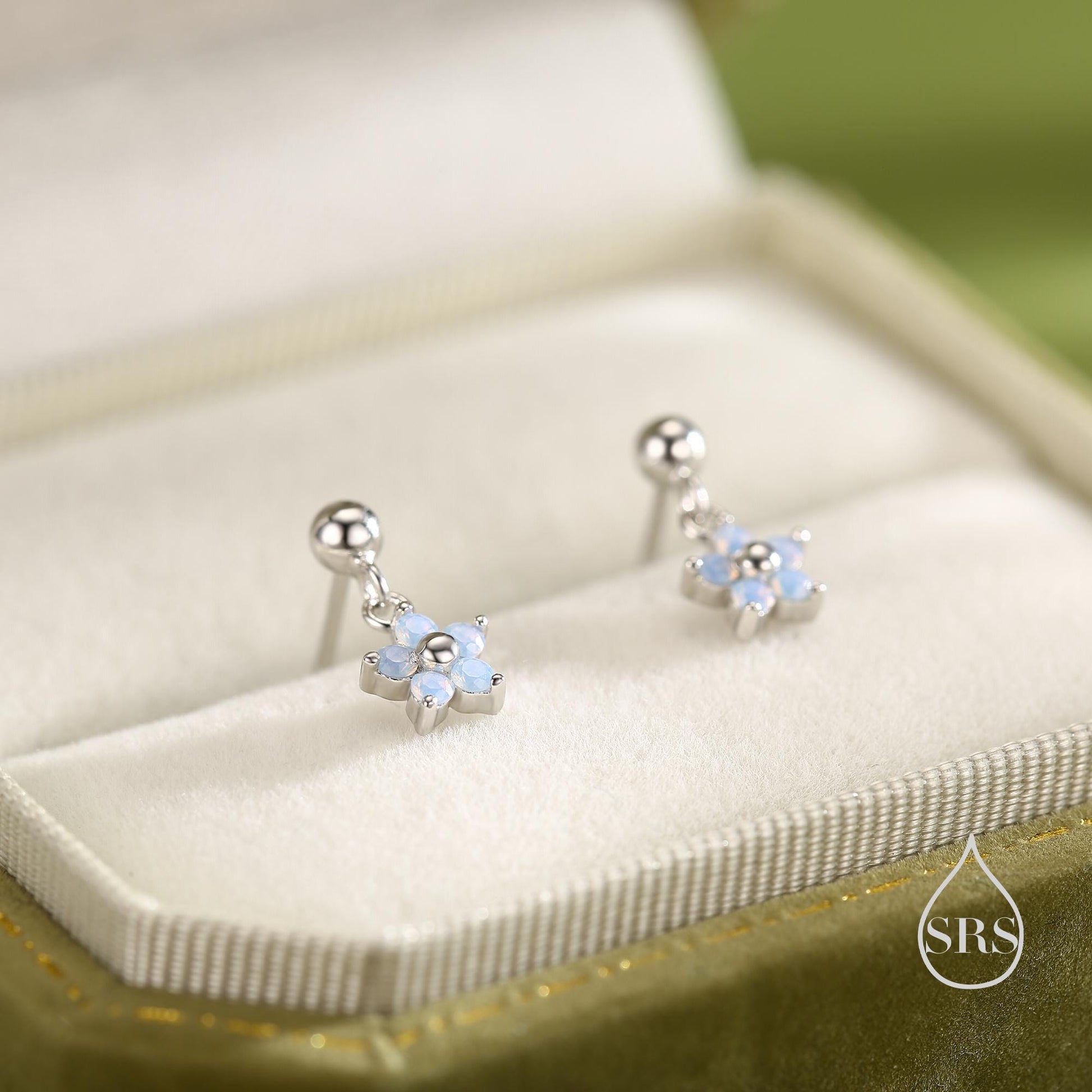 Sterling Silver Dainty CZ Flower Drop Stud Earrings, Opal Blue Dainty Dangle Daisy Flower Earrings, Silver Forget Me Not Tiny Earrings