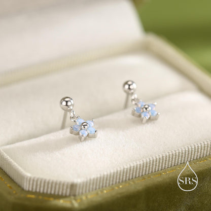 Sterling Silver Dainty CZ Flower Drop Stud Earrings, Opal Blue Dainty Dangle Daisy Flower Earrings, Silver Forget Me Not Tiny Earrings