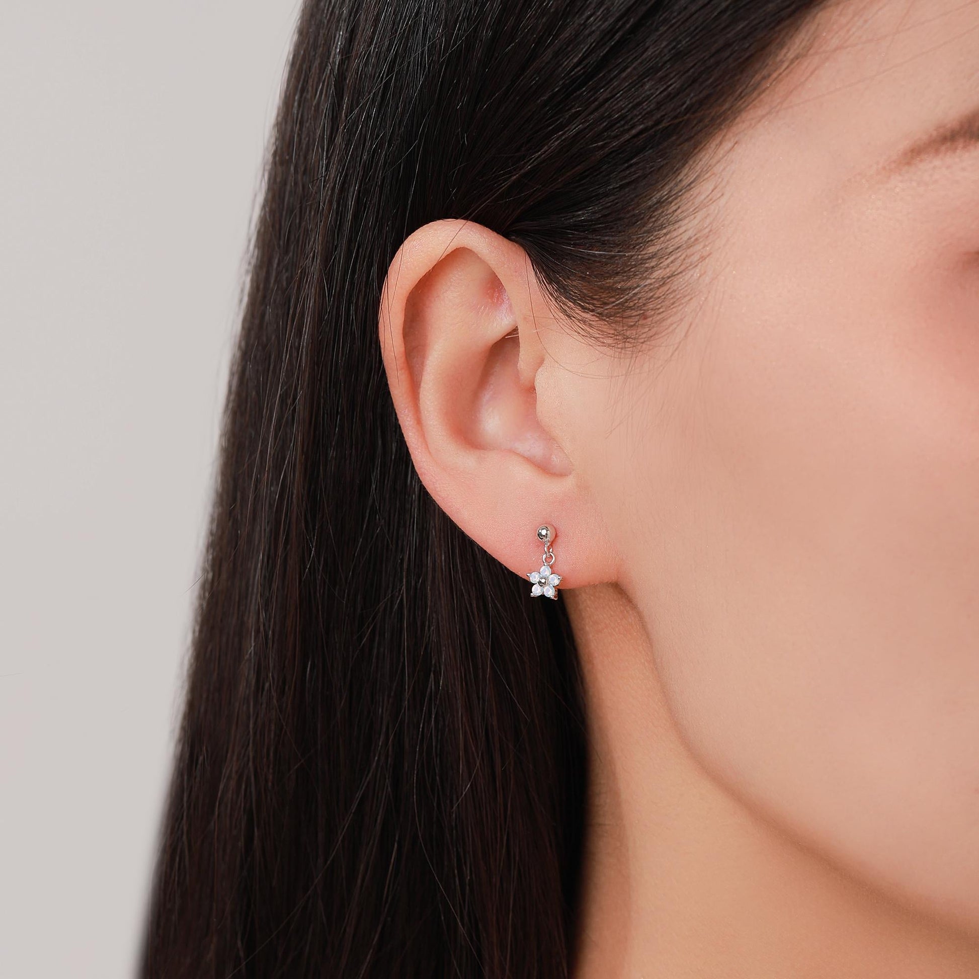 Sterling Silver Dainty CZ Flower Drop Stud Earrings, Opal Blue Dainty Dangle Daisy Flower Earrings, Silver Forget Me Not Tiny Earrings